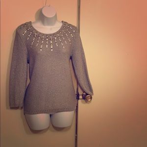 -Womens-Sweater-Embellished-Gray-Metallic-Shimmer